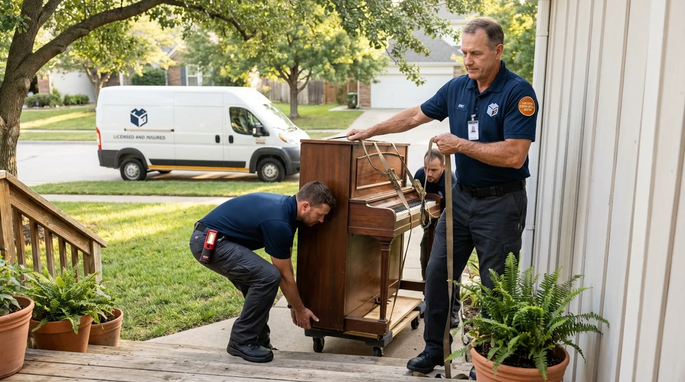 Licensed piano movers securing grand piano in Fort Montgomery, NY