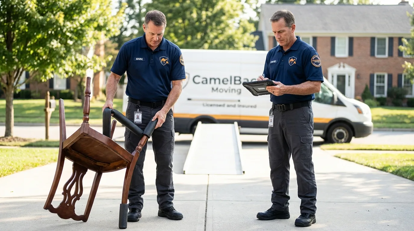 Movers inspecting furniture for damage prevention before loading in Fort Montgomery, NY